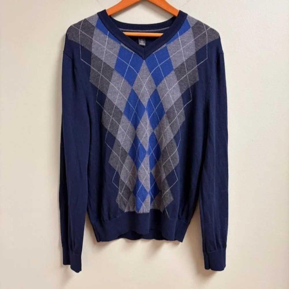 Banana Republic Mens Extra Fine Merino Wool Argyle V-Neck Sweater Preppy Navy L
